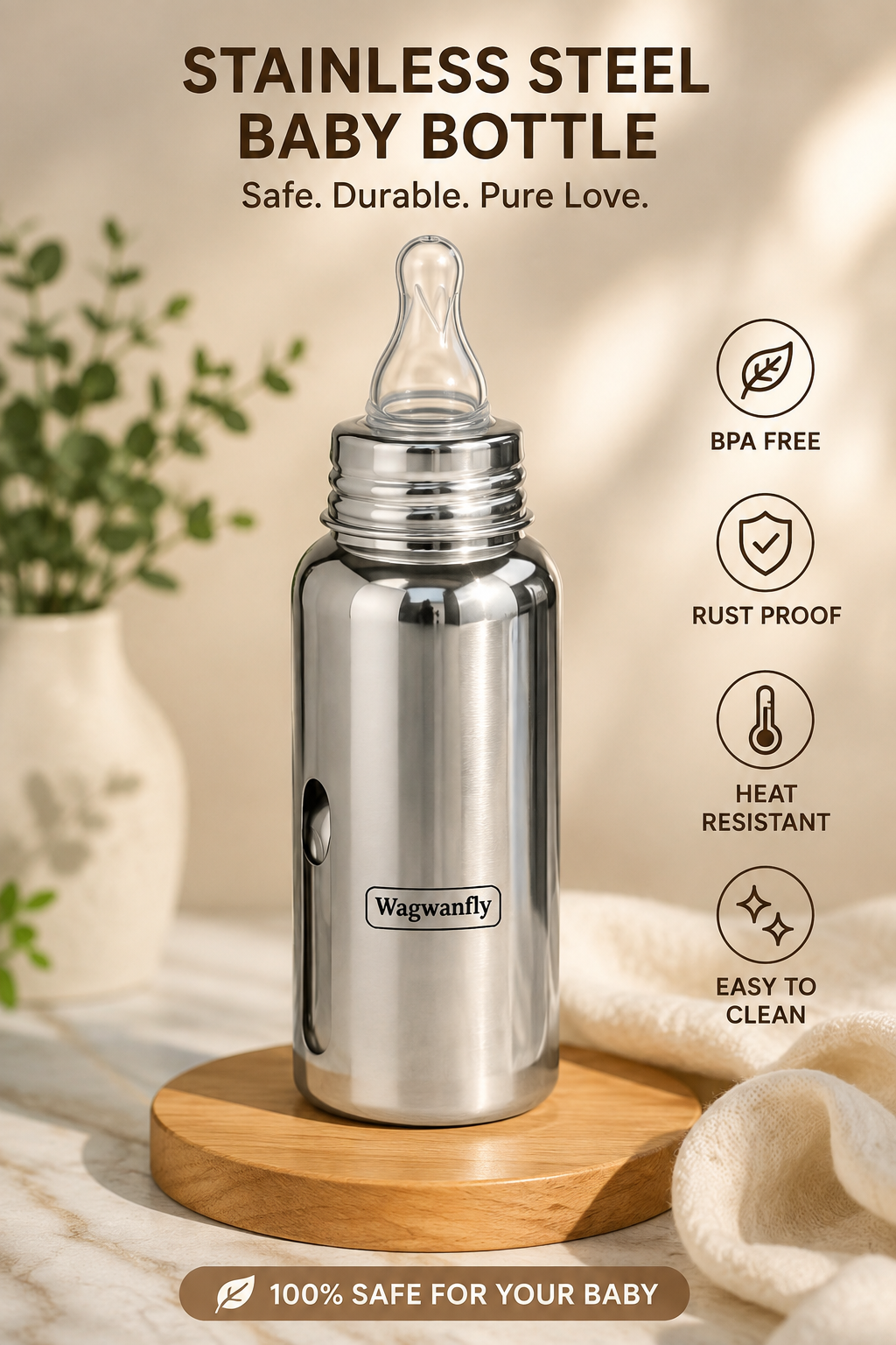 Stainless Steel Baby Feeding Bottle with Silicone Nipple & Cleaning Brush – 240ml