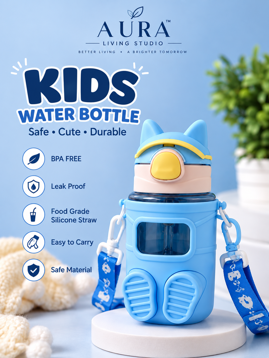 Kids Cartoon Water Bottle with Straw & Carry Strap