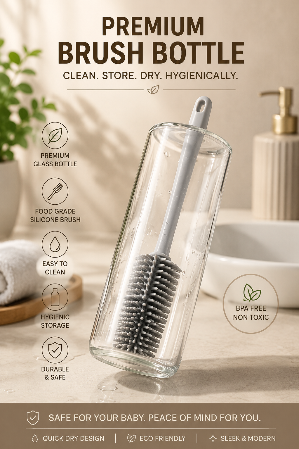 Stainless Steel Baby Feeding Bottle with Silicone Nipple & Cleaning Brush – 240ml