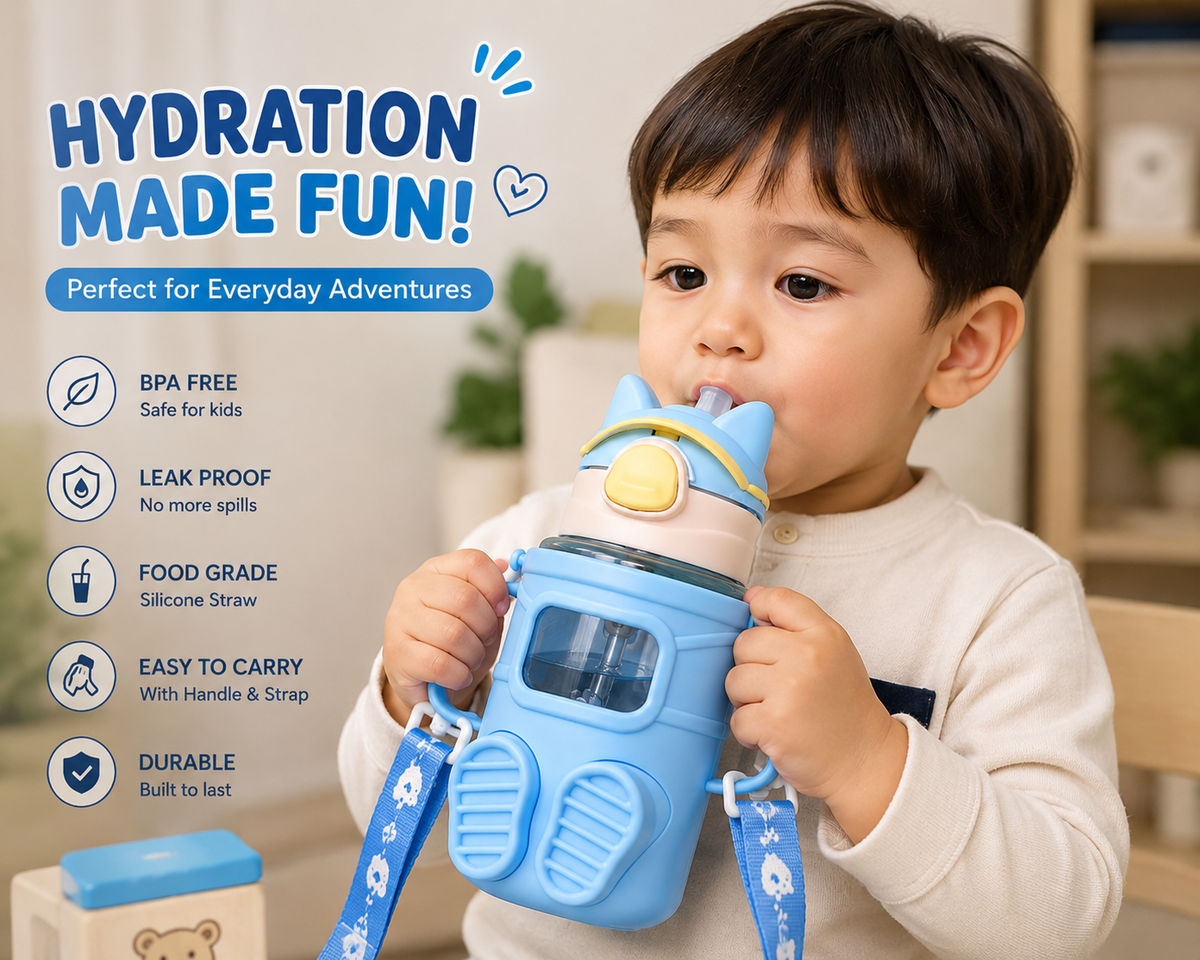 Kids Cartoon Water Bottle with Straw & Carry Strap