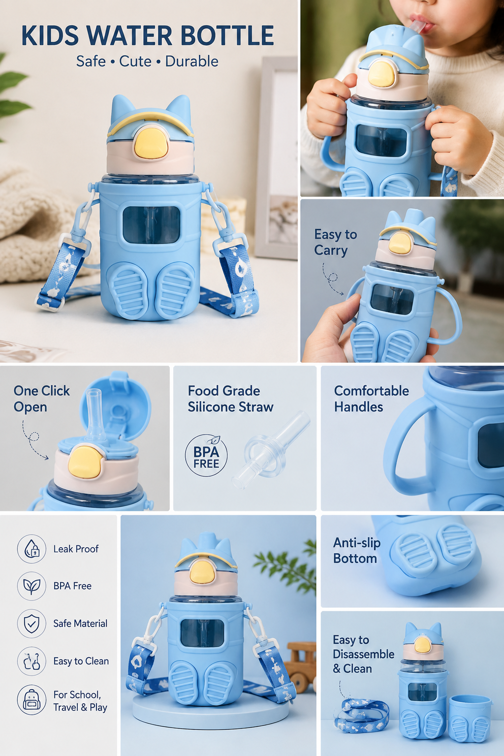 Kids Cartoon Water Bottle with Straw & Carry Strap
