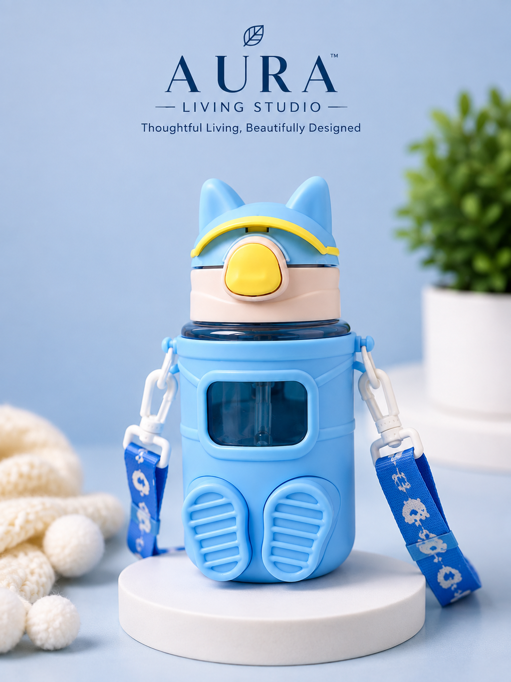 Kids Cartoon Water Bottle with Straw & Carry Strap
