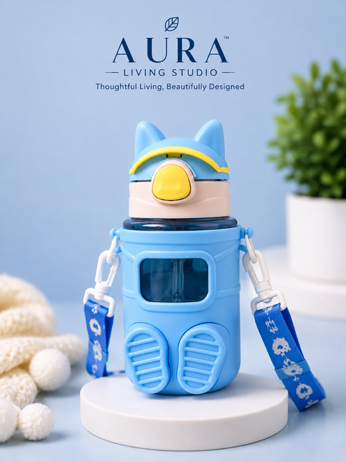 Kids Cartoon Water Bottle with Straw & Carry Strap