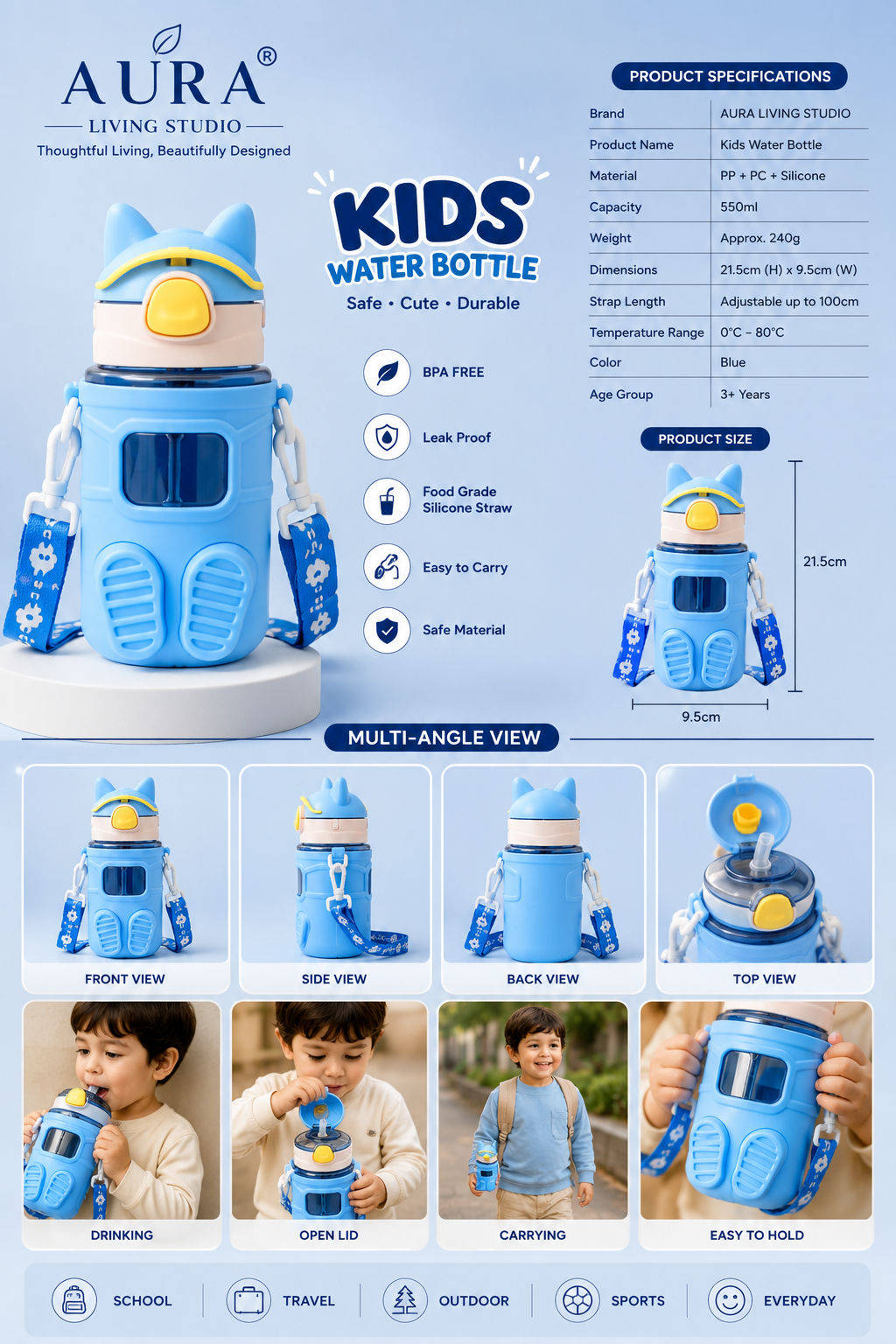 Kids Cartoon Water Bottle with Straw & Carry Strap