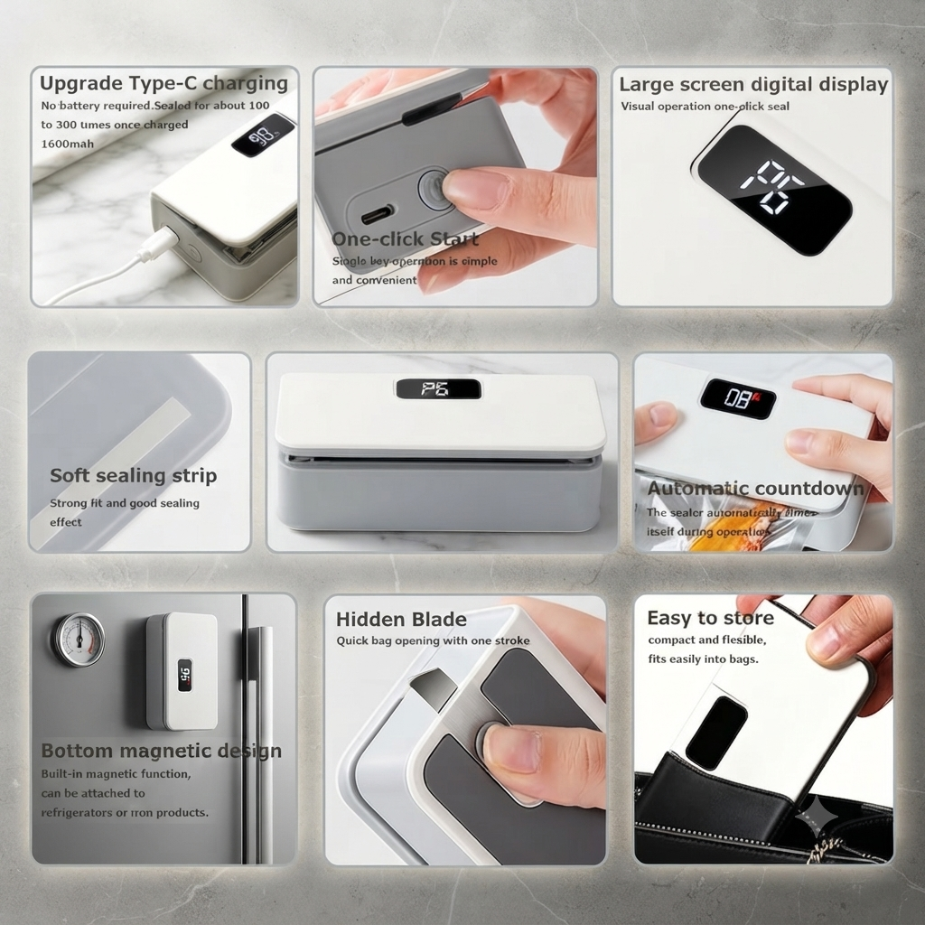 Portable Mini Bag Sealer – 6-Speed Adjustment, LED Display, Built-in Cutter & Magnet | No Preheating | 9.5cm Wide Sealing