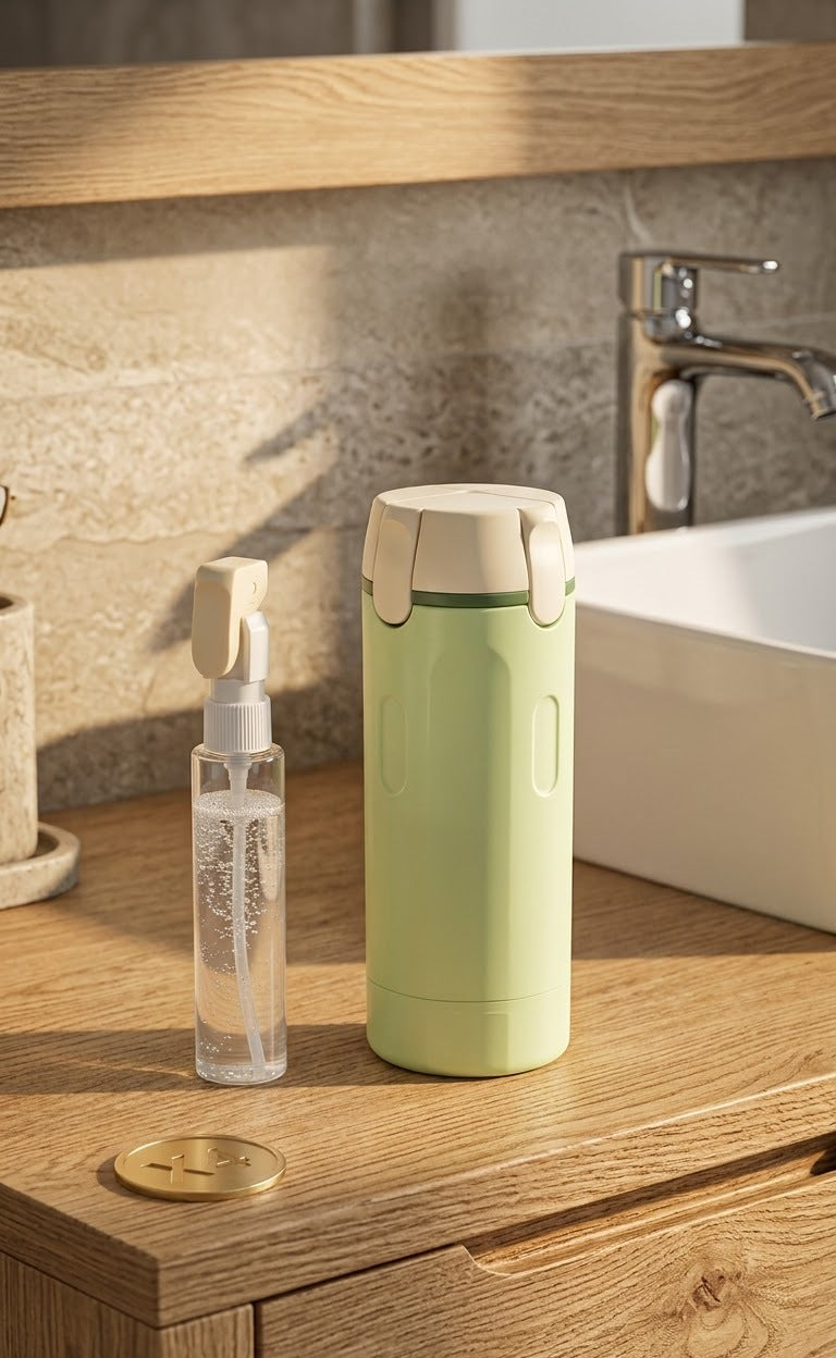 A light green insulated bottle with a cream lid stands on a wooden bathroom counter next to a clear spray bottle, with a sink and faucet in the background.