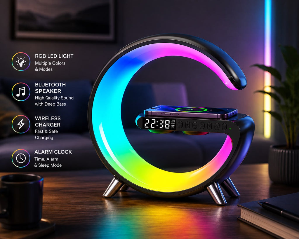 G Shaped Smart LED Lamp-Bluetooth Speaker & Wireless Charger