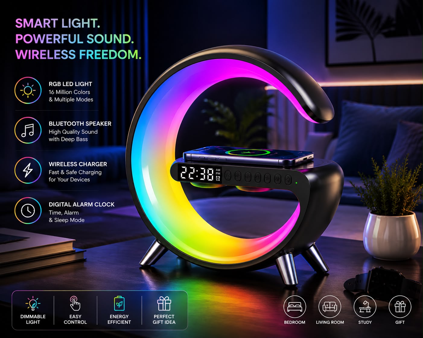G Shaped Smart LED Lamp-Bluetooth Speaker & Wireless Charger