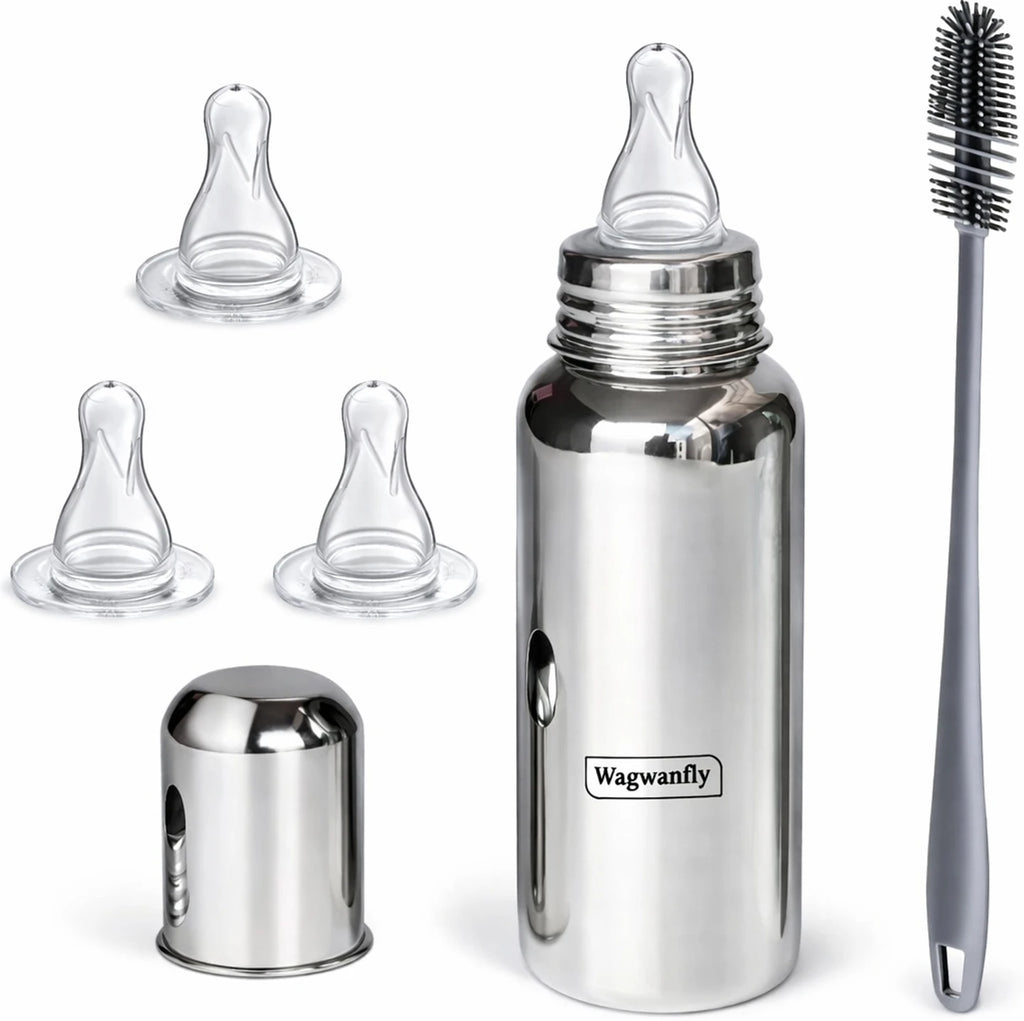 Stainless Steel Baby Feeding Bottle with Silicone Nipple & Cleaning Brush – 240ml