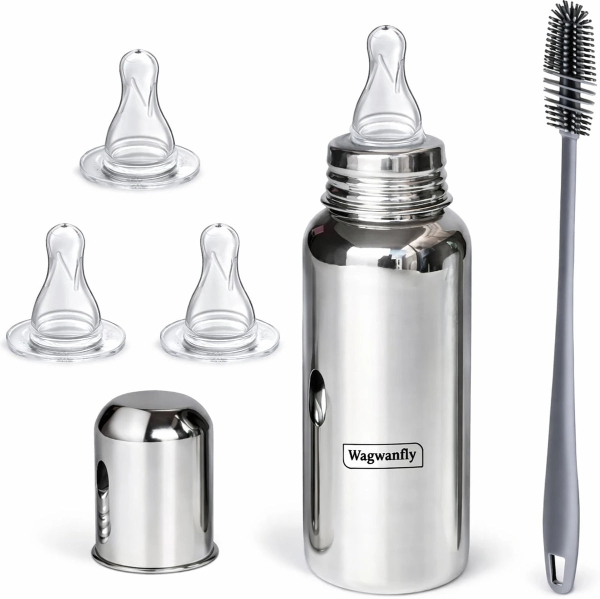 Stainless Steel Baby Feeding Bottle with Silicone Nipple & Cleaning Brush – 240ml
